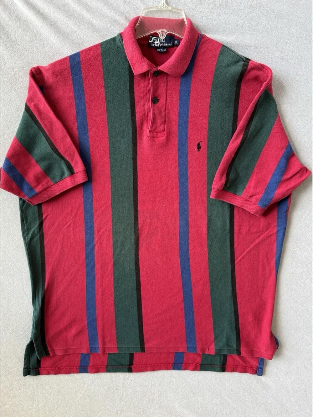 Vintage Polo Ralph Lauren USA Striped Polo Shirt XL Red Green Blue Cotton